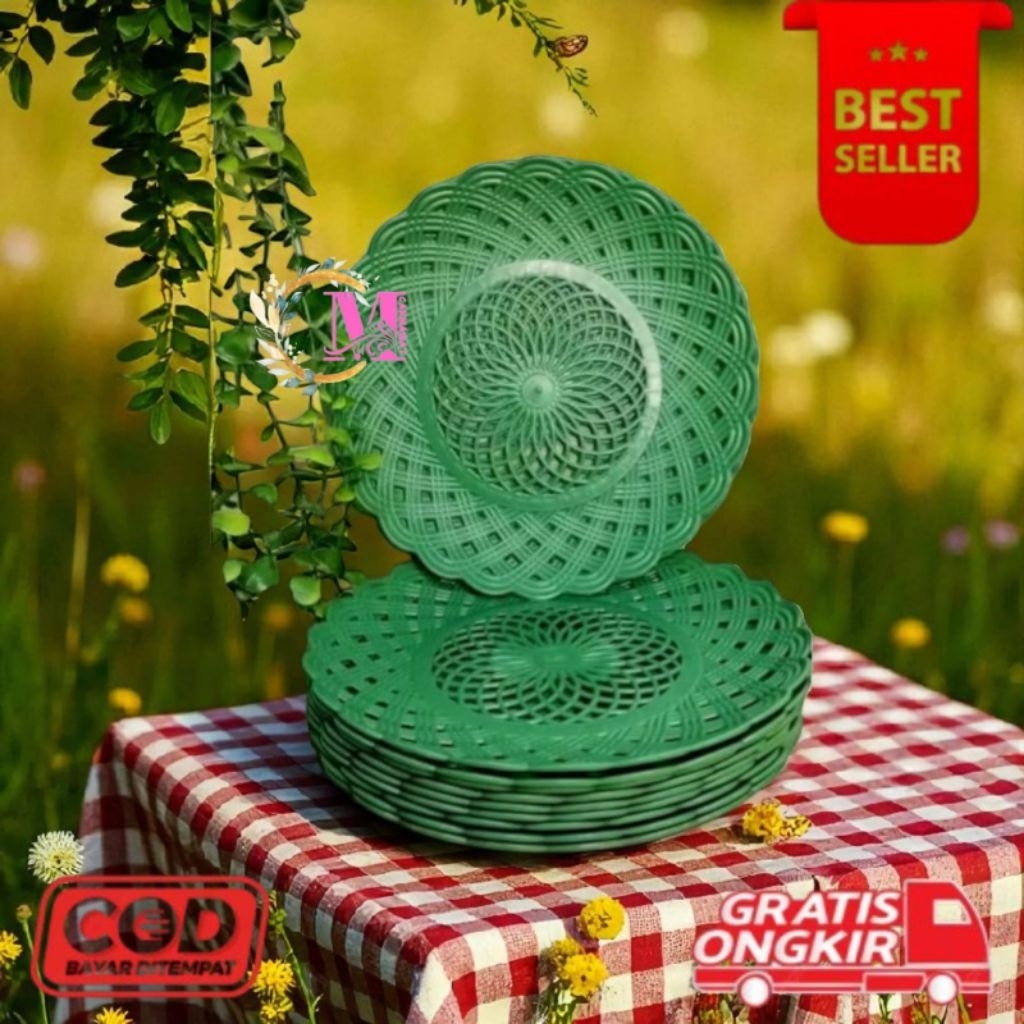 [CM] 1 lusin piring plastik rotan hijau