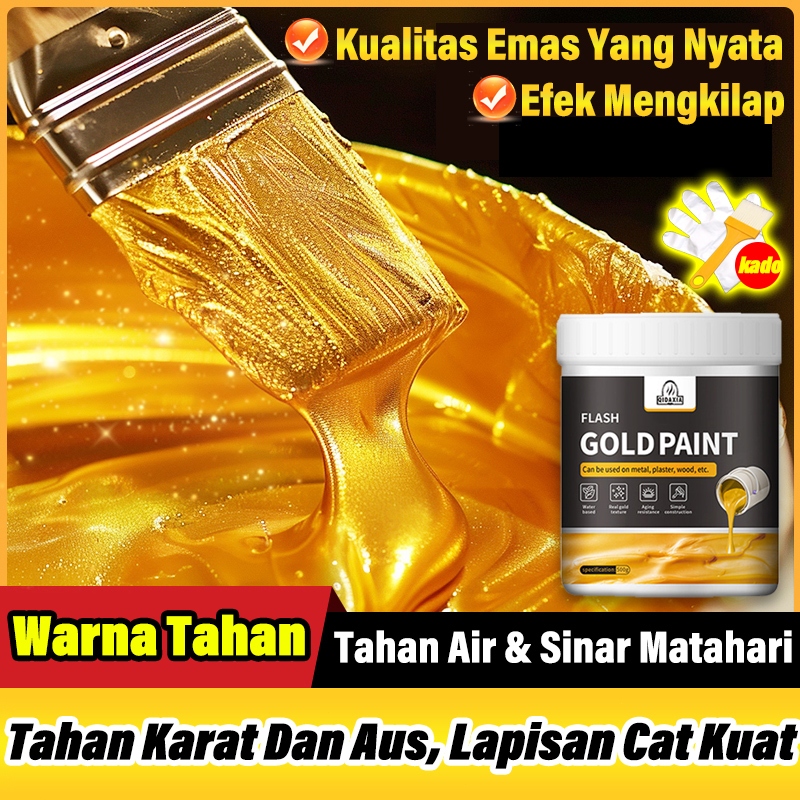 【Promo】Cat Warna Emas Metalik 300ml Untuk Mihrab & Pintu Mihrab, FREE Kuas Emas Cat Gold Cat Kayu da