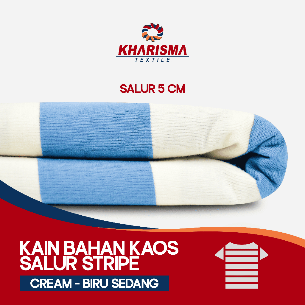 Kain Bahan Kaos Salur Besar 5cm Cream - Biru Sedang CVC 24s Corak Motif Garis Stripe Lebar 5 cm x 5 
