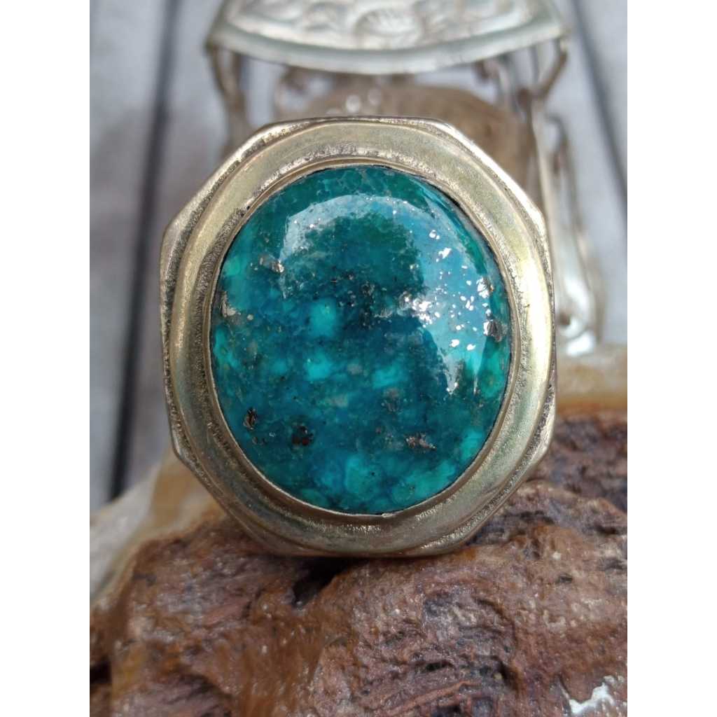 Natural Pirus Persia Biru  Badar Perak Jumbo Ring Koin Handmade Mewah