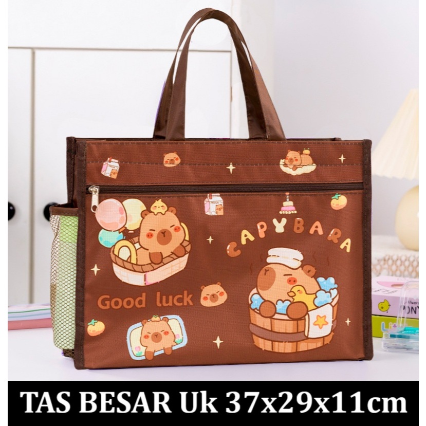 Tas Sekolah Les Ukuran besar 37 x 29 x 11 cm original import Capybara Kapibara Coklat Resleting depa