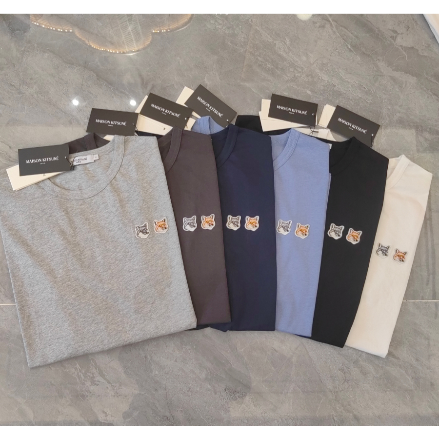 8802# Kaos Maison Kitsune Double Fox Head Sederhana dan serbaguna katun lengan pendek unisex