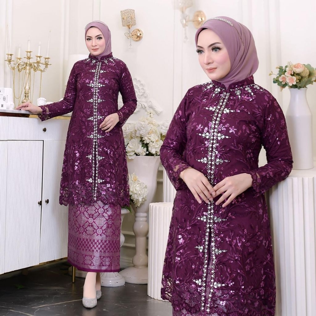(FREE HIJAB) SET KEBAYA TUNIK AYANA TILLE PAYET~ATASAN KEBAYA KONDANGAN ~KEBAYA TUNIK PAYET WISUDA M