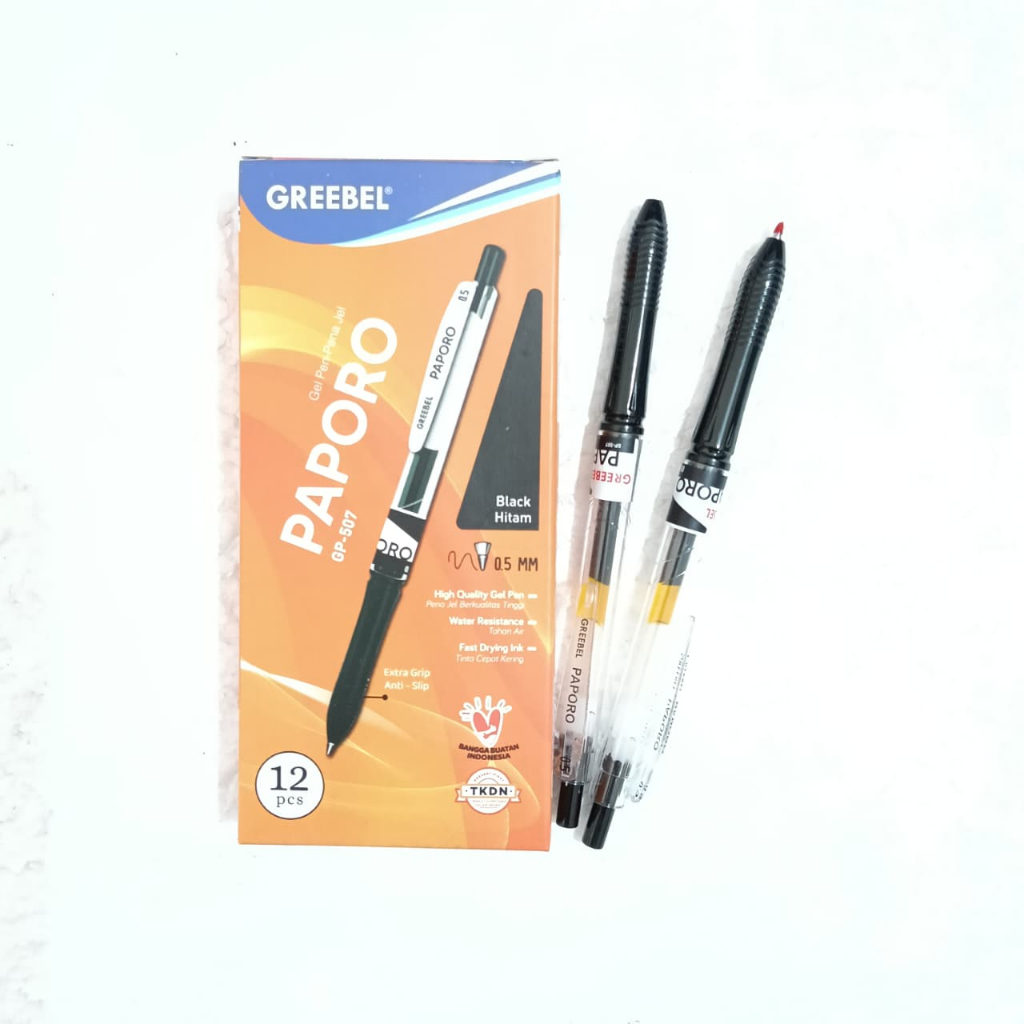 

1 Kotak Gel Pen Greebel Paporo GP-507 - Hitam (Isi 12 Pcs)