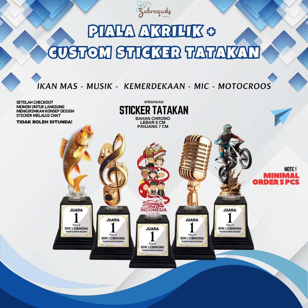 Piala Akrilik Kemerdekaan Agustusan, Ikan Mas / Carp, Motocross, Musik, Mic / Karaoke, Trophy Piala,
