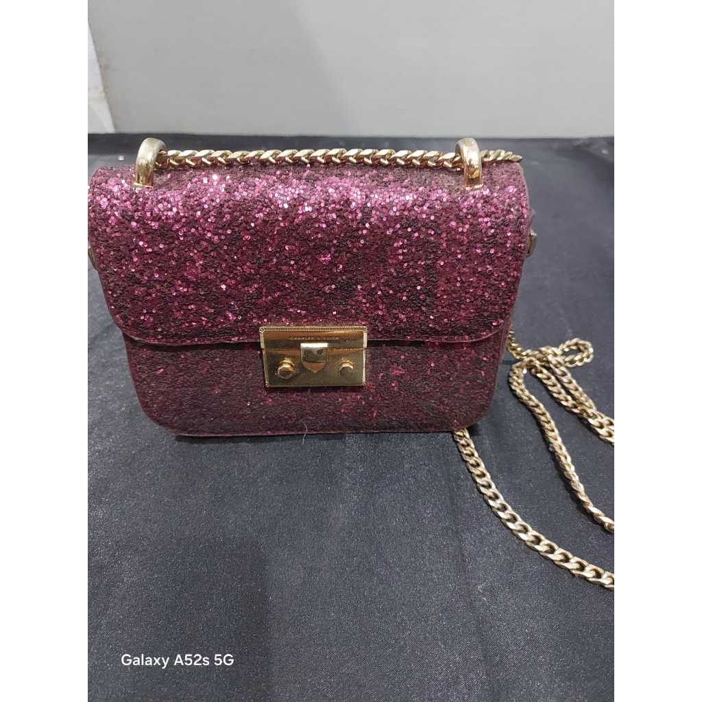 PRELOVED TAS SELEMPANG TAS JINJING DOMPET PESTA CHARLES & KEITH MERAH GLITER RANTAI