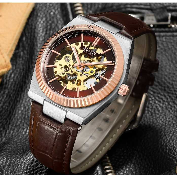 JAM TANGAN OTOMATIS BELLEDA 9542 TALI KULIT MEKANIK OTOMATIS ANTI AIR