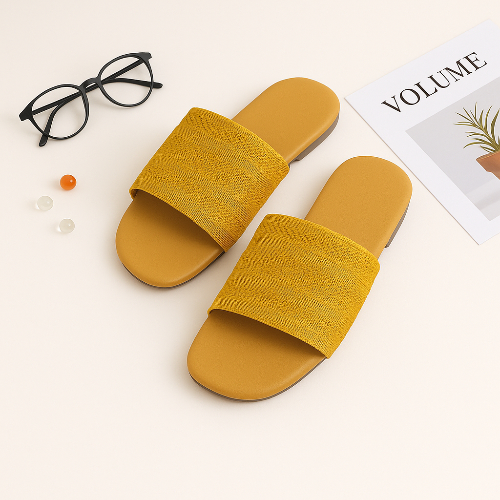 Sendal Slop Rajut Wanita Flat Mustard Casual