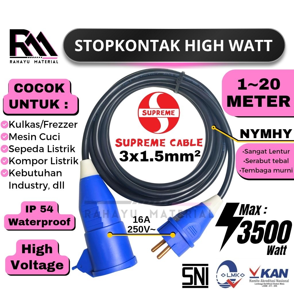 Stopkontak outdoor Cas Sepeda listrik IP54 + kabel Supreme NYMHY 3x1.5 1 2 3 4 5 6 7 8 9 10 15 20 Me