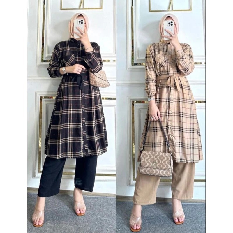 Murah  Atasan Wanita Tunik Katun Rayon Motif Kotak Terbaru // Tunik Super Jumbo