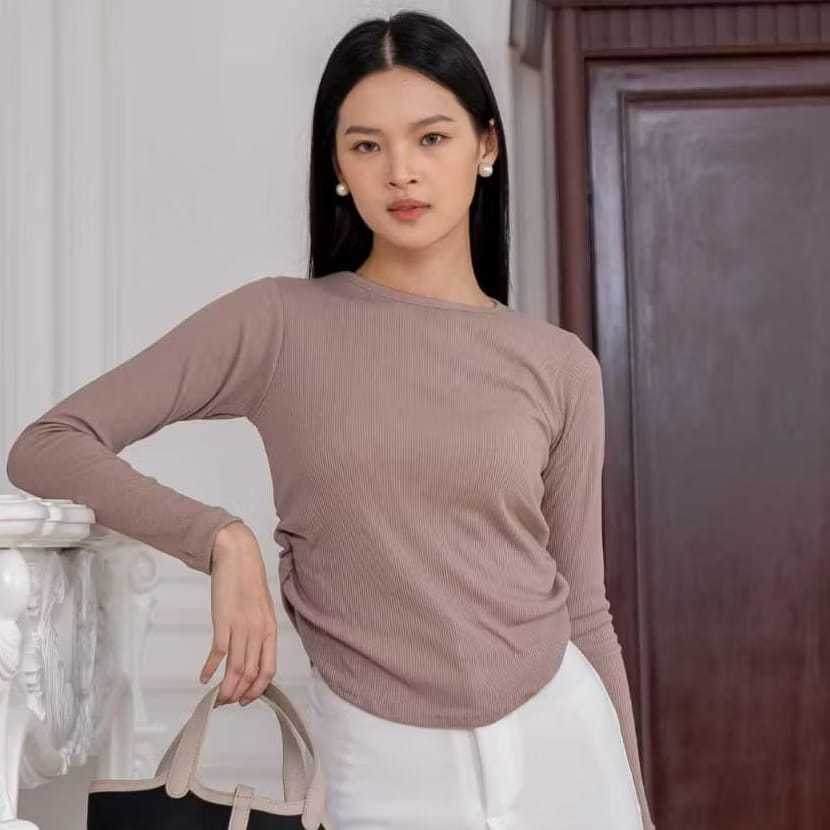 Atasan Lengan Panjang Rib Serut Wanita Amoura Rib Longsleeve
