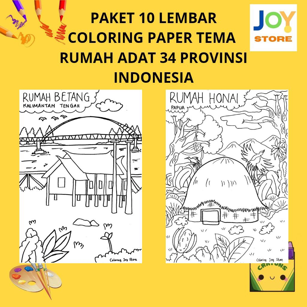 

PAKET 10 Lembar Kertas Gambar Mewarnai Tema Rumah Adat Tradisional 34 Provinsi Indonesia (TERSEDIA PAKET 34 LENGKAP) Ukuran A4 150 gsm - Coloring Paper 148