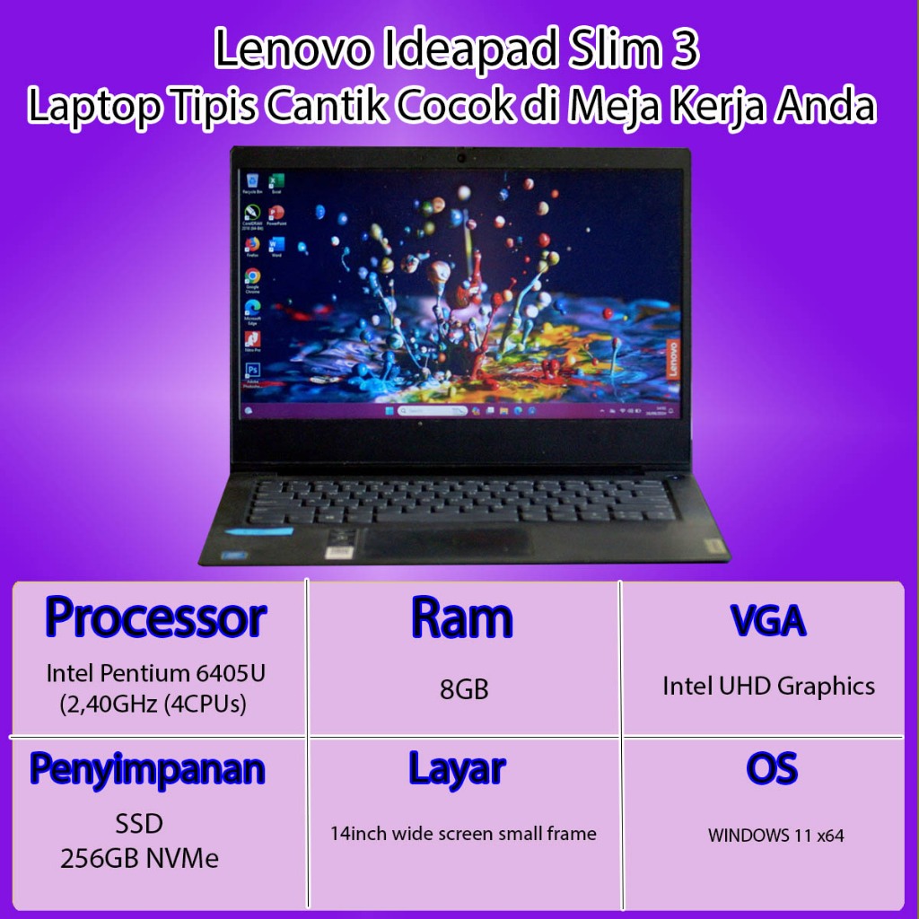 Lenovo Ideapad Slim 3 Intel Pentium Gold 8GB SSDLaptop Mulus Kencang Terawat L193