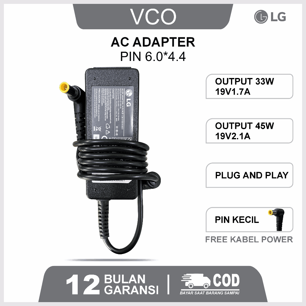 Adaptor TV Monitor LG 19V-2.1A 1.7A Original Colokan untuk LED TV Monitor LG Free Kabel Power