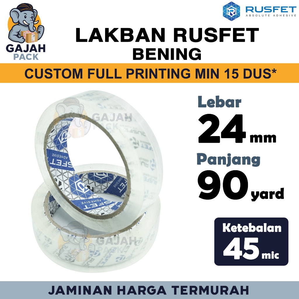 

Lakban 24mm x 90yard RUSFET Bening Isolasi OPP Tape PREMIUM TERMURAH / SATUAN