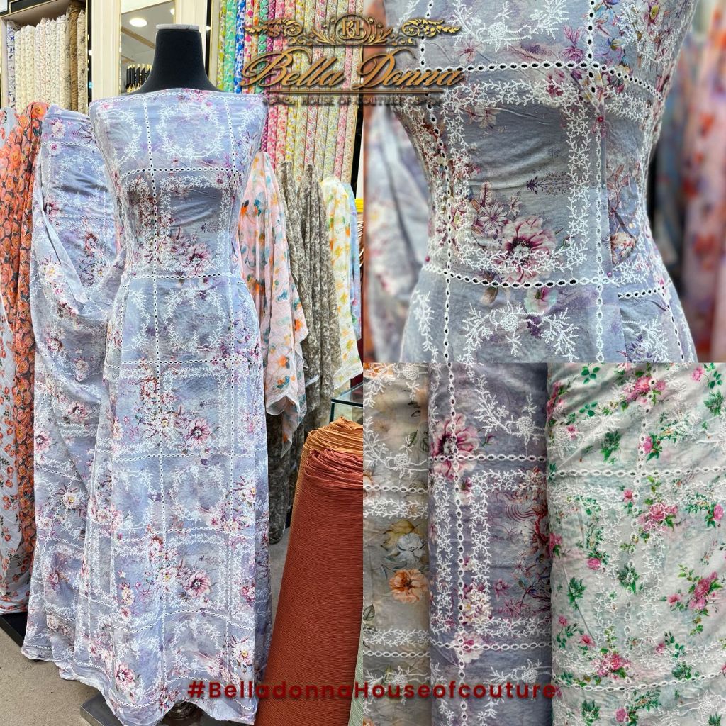 Katun Printing Embroidery Motif Bunga Kotak – 0.5 METER / Kain Untuk Tunik Kebaya Dress – Bella Donn