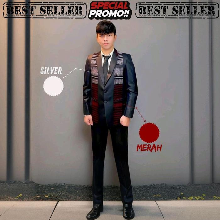 JAS ULOS BATAK PRIA SETELAN LENGKAP DASAR HITAM KILAP CORAK ULOS SILVER & MERAH