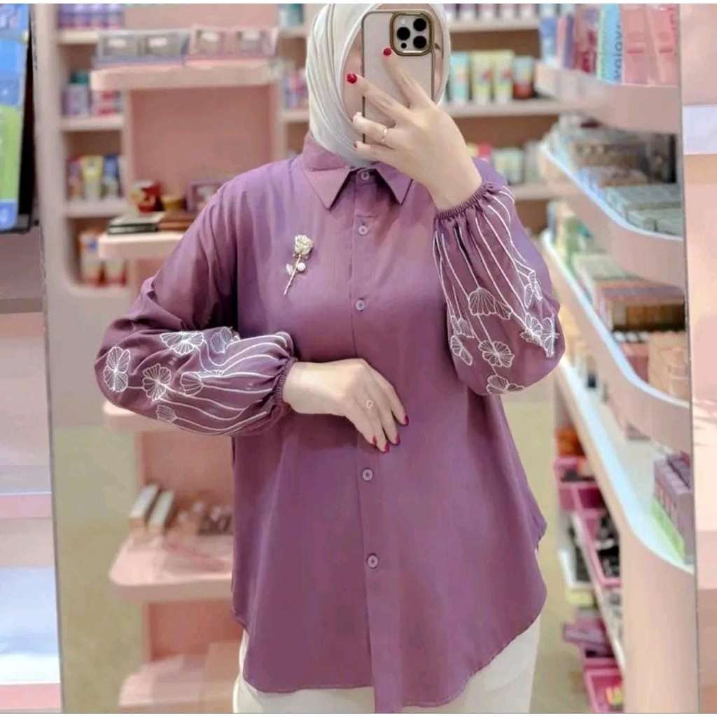 Blues Liviya Atasan wanita lengan panjang motif bordir blues wanita yang lagi viral