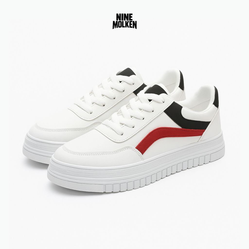 Sepatu Sneakers Pria Wanita Casual Putih Garis Merah Sol Tebal Kets Kekinian