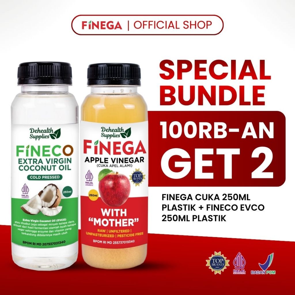 

(SPECIAL BUNDLE) Bundling Finega Cuka 250ml Plastik + Fineco Extra Virgin Coconut Oil 250ml Plastik - Membantu Mengontrol Kolestrol & Sehatkan Jantung