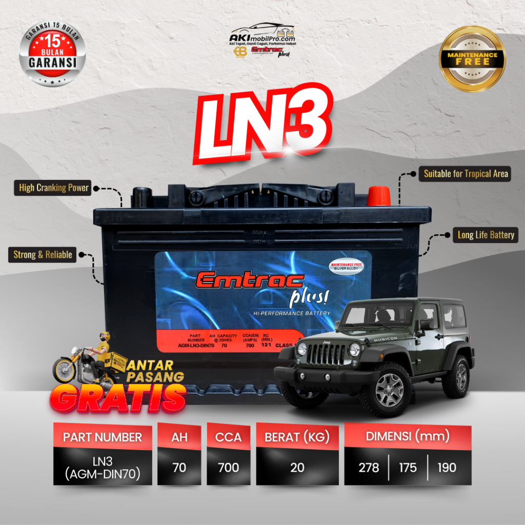 Aki Mobil Mini Cooper | EMTRAC PLUS MF AGM LN3 70Ah CCA 700Amps Kering Bergaransi