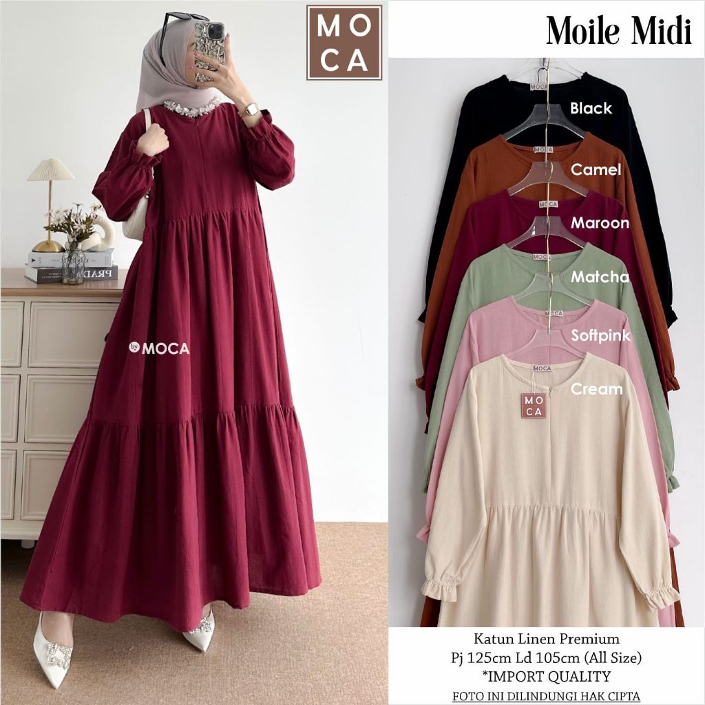 MOILE MIDI DRESS WANITA MUSLIM LENGAN PANJANG POLOS BAHAN KATUN LINEN PREMIUM BUSUI HITAM BLACK MARO