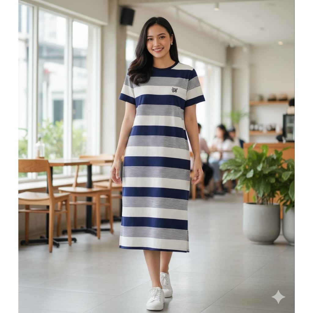 Stripped Midi Dress Biru Putih / Kaos Terusan Motif Garis / Mini Dress Perempuan Motif Salur Biru Pu