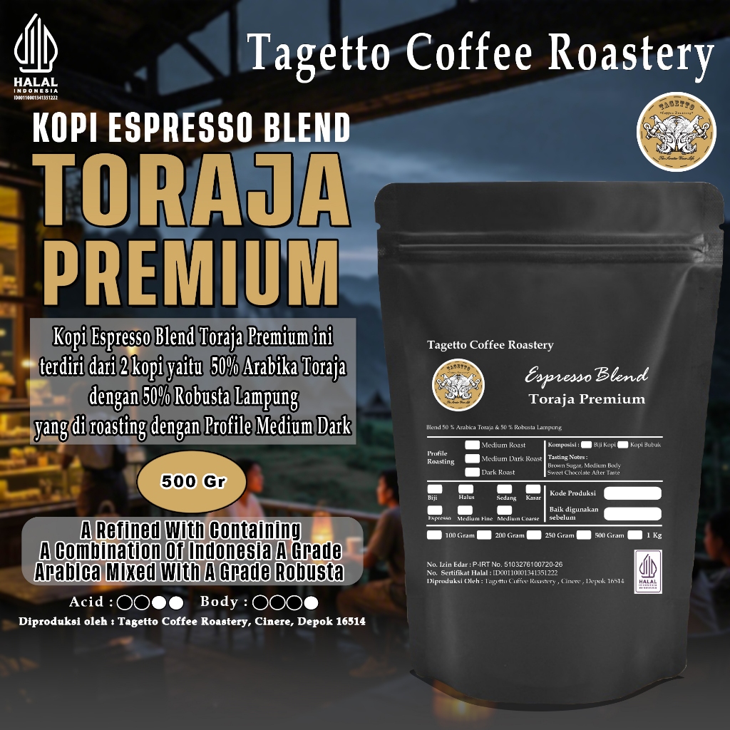 

KOPI ESPRESSO TORAJA PREMIUM 500GR - ARABICA 50% ROBUSTA 50% | BEAN GROUND BIJI BUBUK 500 GRAM TAGETTO COFFEE ROASTERY