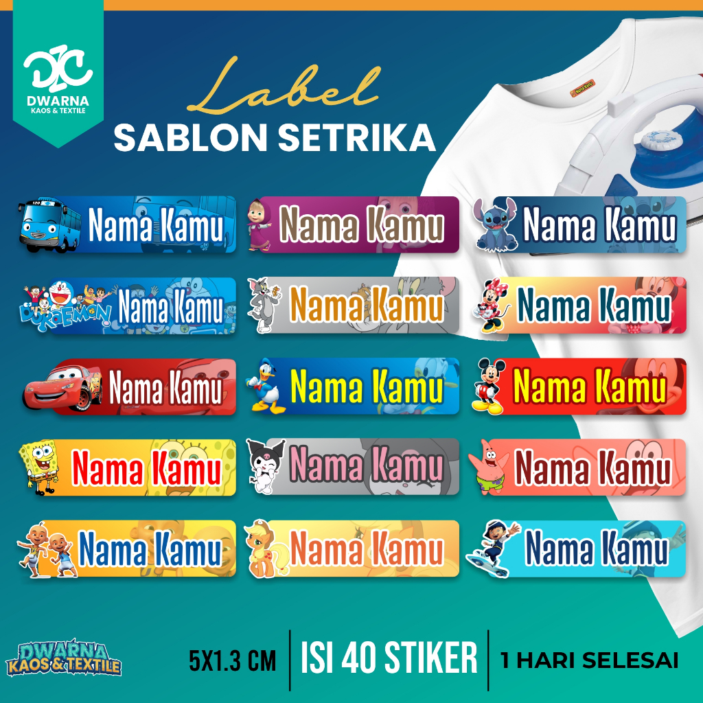 

LABEL SABLON SETRIKA, LABEL NAMA, SABLON LABEL KAOS, LABEL NAMA, SABLON DTF, KARAKTER KARTUN, KARTUN LUCU, SONGEBOB,