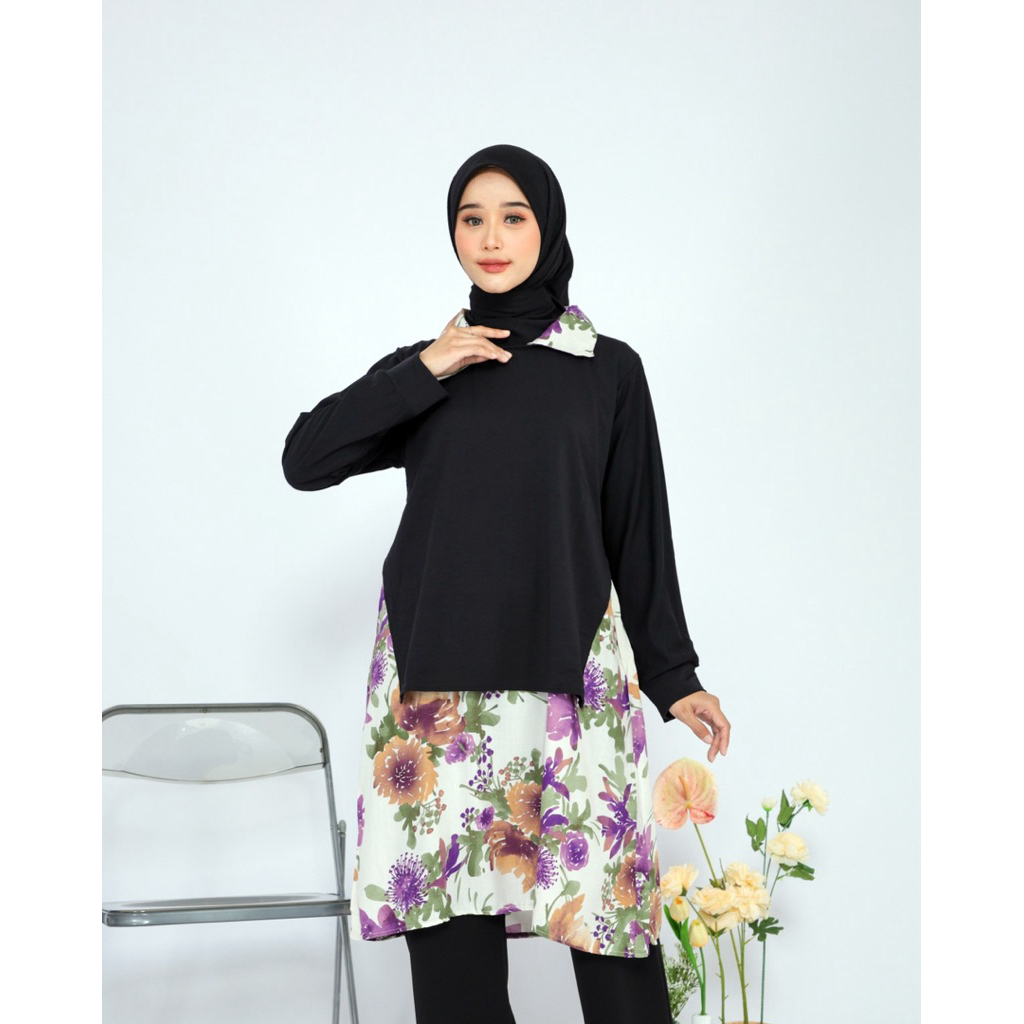HijabersOutfit | Jasmine tunik - atasan panjang kombinasi hitam polos dan motif bunga