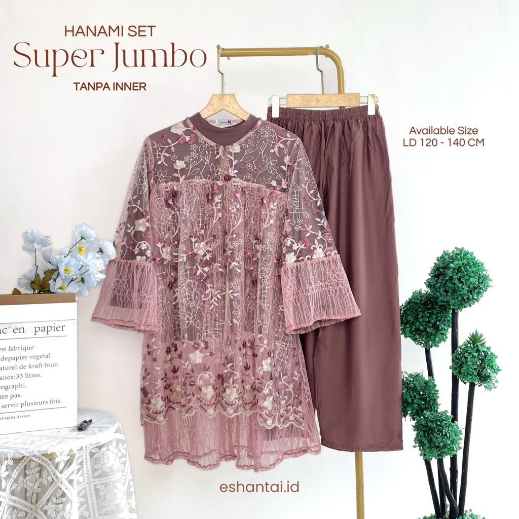Hanami Set LD 120 dan 140 TANPA INNER JUMBO Brokat Chantily Mewah | Setelan  Big Size XL–5XL   + Cel