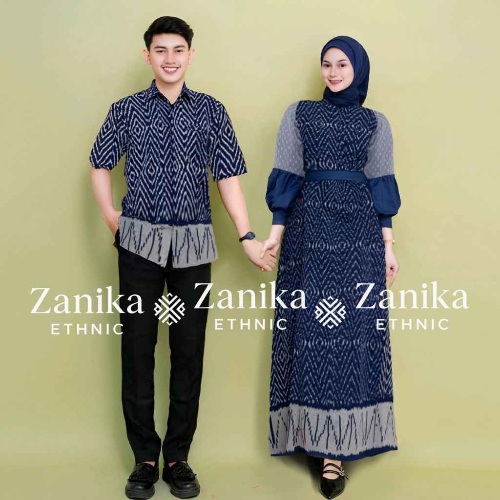 Baju Couple Tenun Series Rang Rang Warna Navy Grey Dress Rang X Kemeja Tenun Ethnik Pasangan Kondang