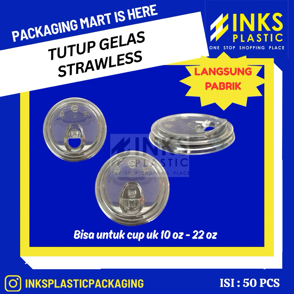 STRAWLESS FLAT LID PET/TUTUP GELAS STRAWLESS LID CUP PLASTIK (50 PCS)