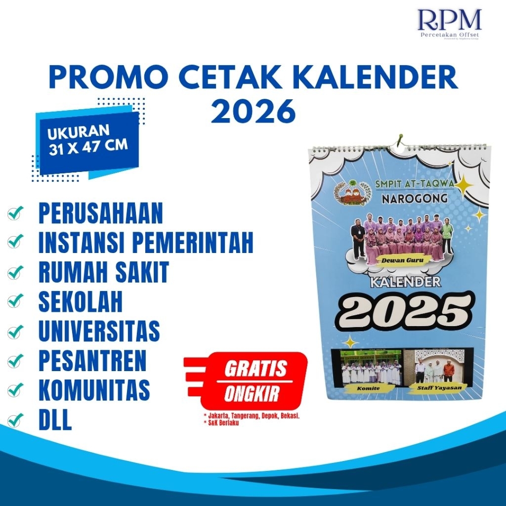 

Cetak Kalender Dinding 2026 Ukuran 31x47 cm | 5 Lembar