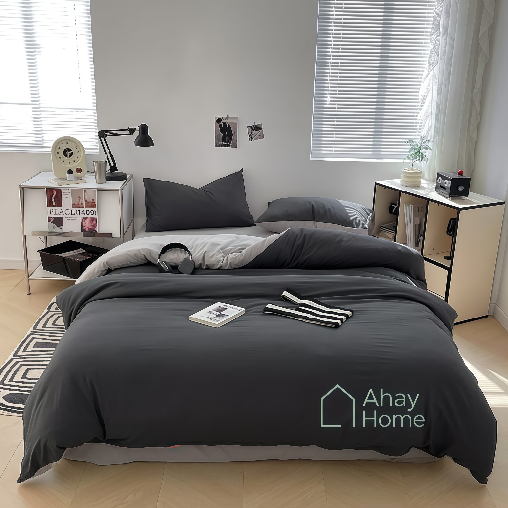 Bedcover Set Sprei Aesthetic Twotone Polos Bolak Balik Hitam Mix Abu Muda Ukuran 180x200/160x200