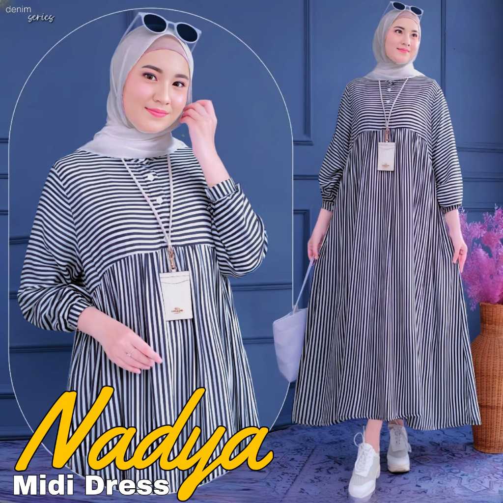 Nadya Dress Salur Katun Viscose | Fashion Muslim Kekinian | Elegant Midi Dress Motif Salur Terbaru