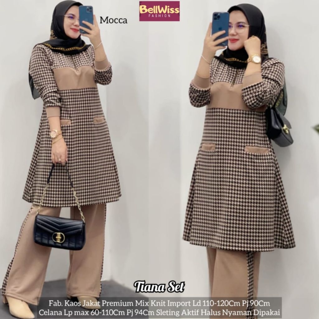 tiana one set tunik long kaos kotak kotak ori belwis celana highwiast kulot tunik jumbo ld 120 xl xx