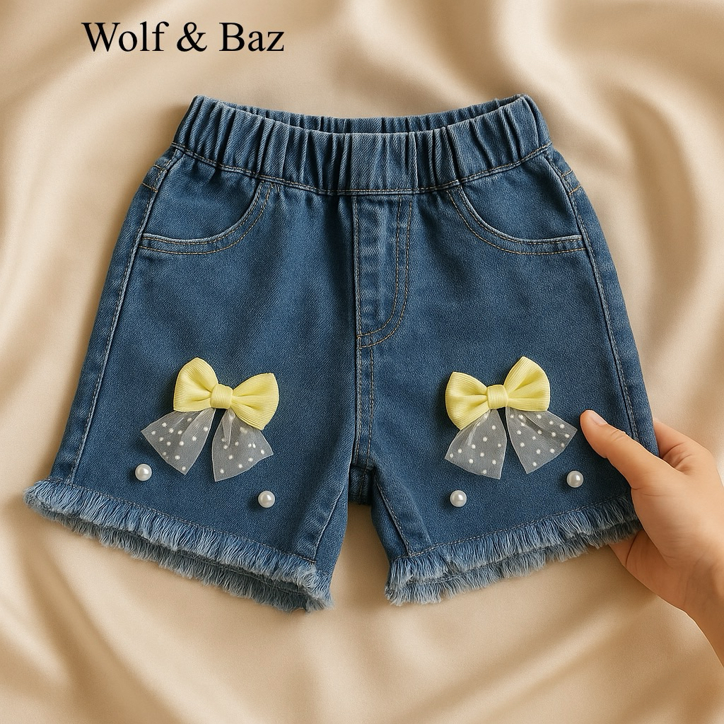 Wolf & Baz - Celana Pendek Anak Perempuan Jeans Hotpants Softjeans Usia 1-10 Tahun Motif Random