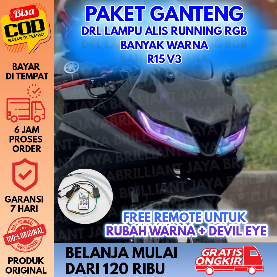 FULL SET LAMPU DRL ALIS RGB RUNNING YAMAHA R 15 V3  BONUS DEVIL EYE TIDAK BERBINTIK 2 ALIS RGB +  BO