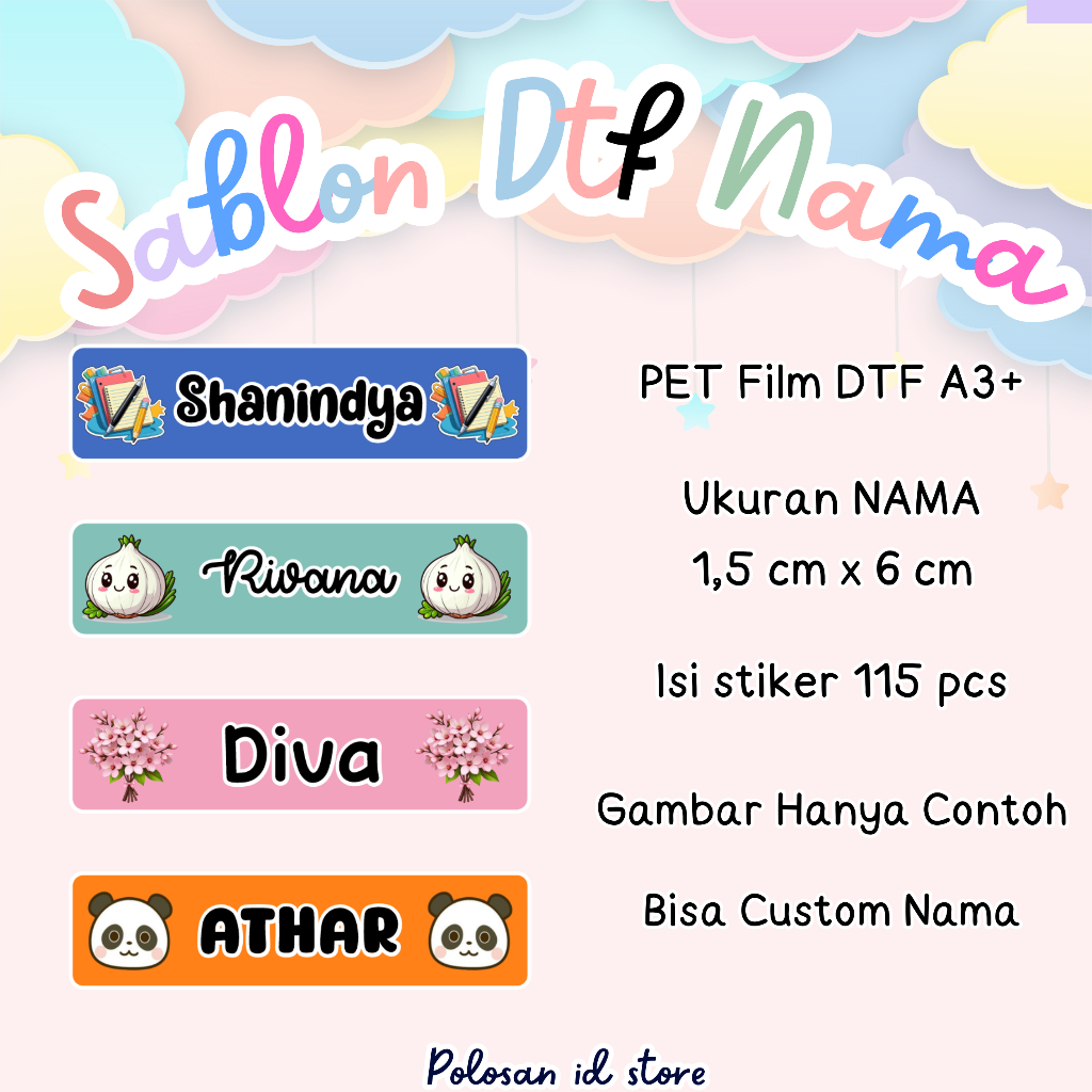 Label STIKER NAMA Sablon DTF Sablon SETRIKA Custom NAMA SIAP PRESS A3+ Untuk Kaos/Baju/Kain DLL Alat