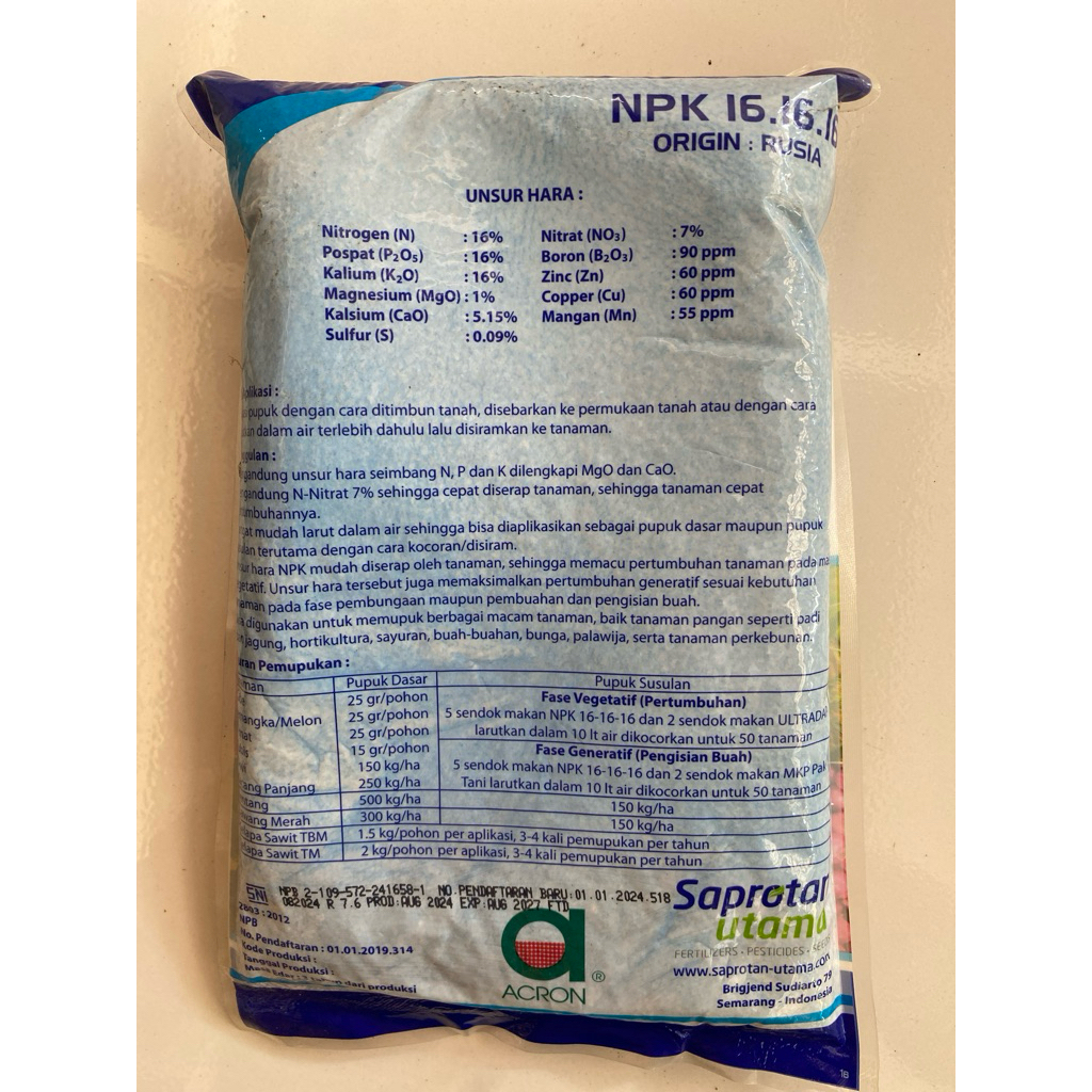 PUPUK NPK 16.16.16 PAK TANI ORIGIN : RUSIA