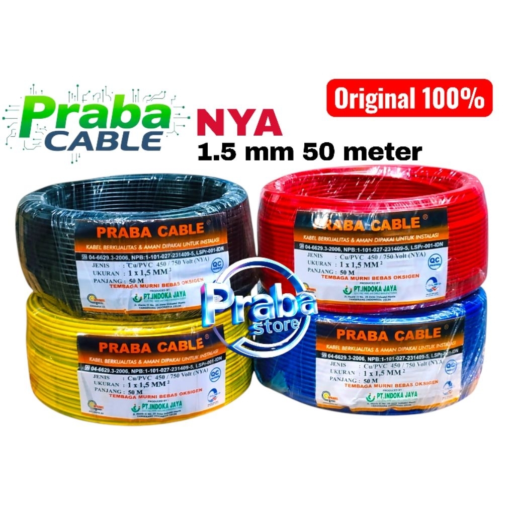 Kabel Praba NYA 1.5mm 50m Merah Hitam Biru Kuning