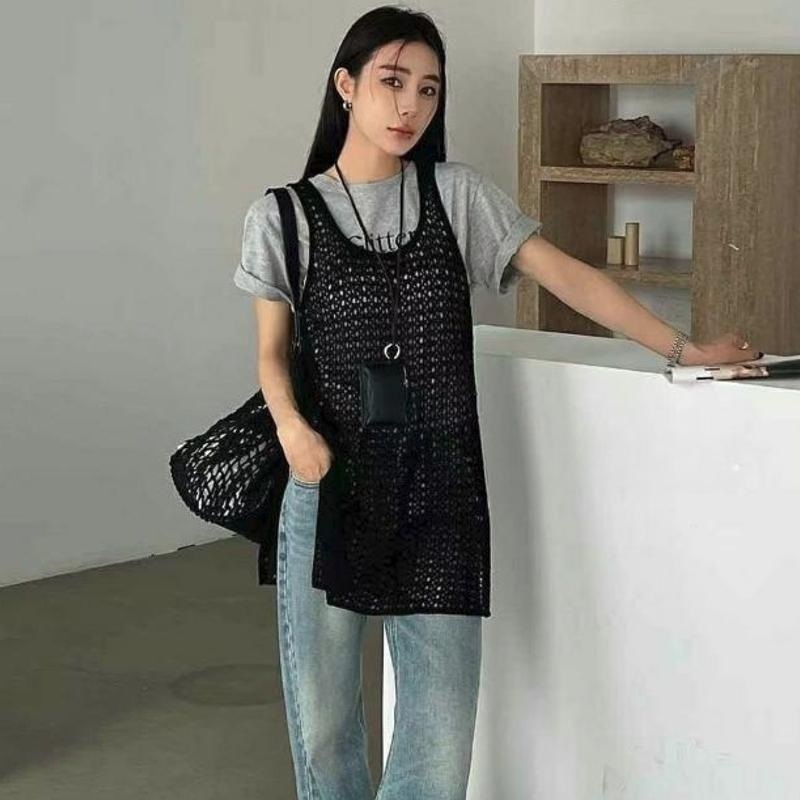 Atasan Outer Rajut Jaring Bolong Hollow Tanpa Lengan Panjang