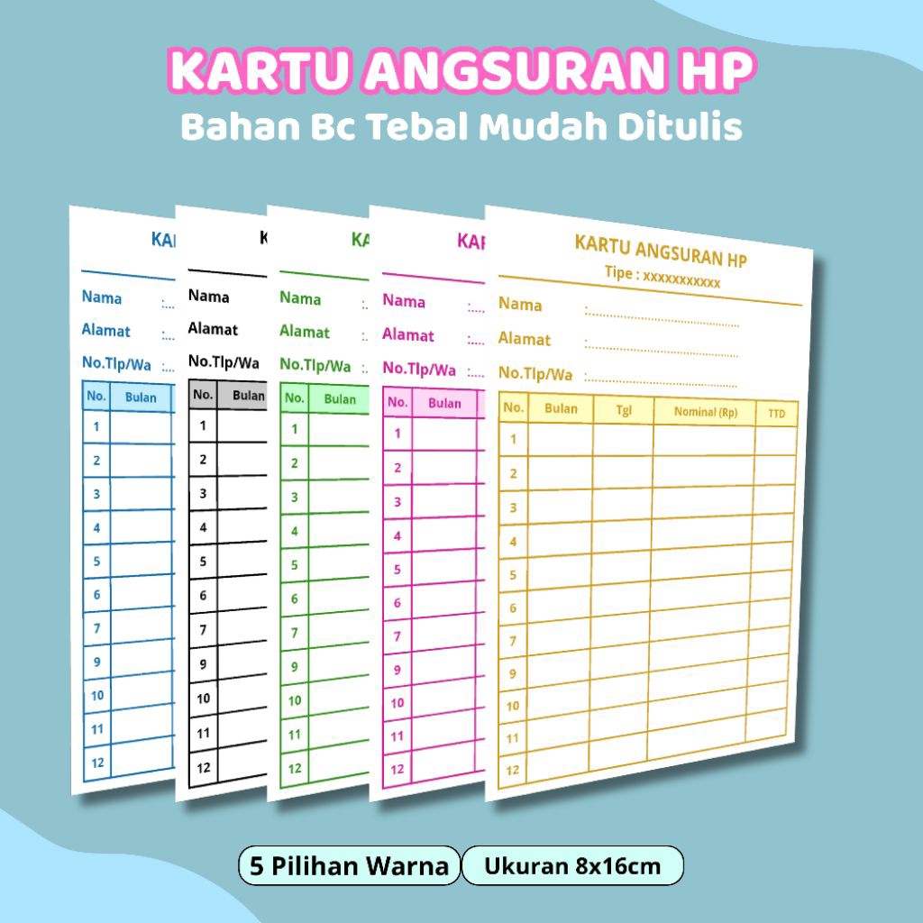 Kartu Angsuran Hp Bulanan Kartu Catatan 8x16cm