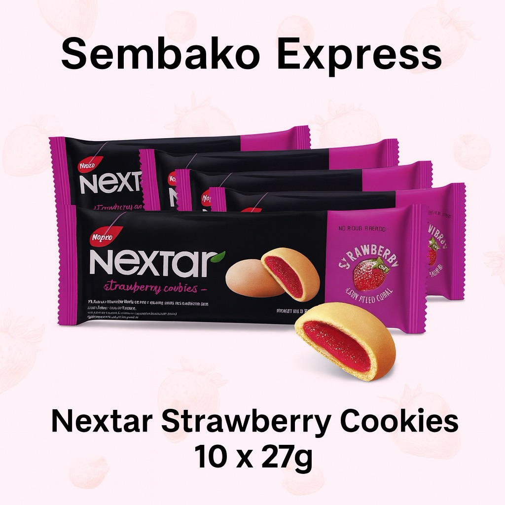 

Nextar Nastar Cookies Strawberry 10x27g – Biskuit Lembut Isi Selai Stroberi