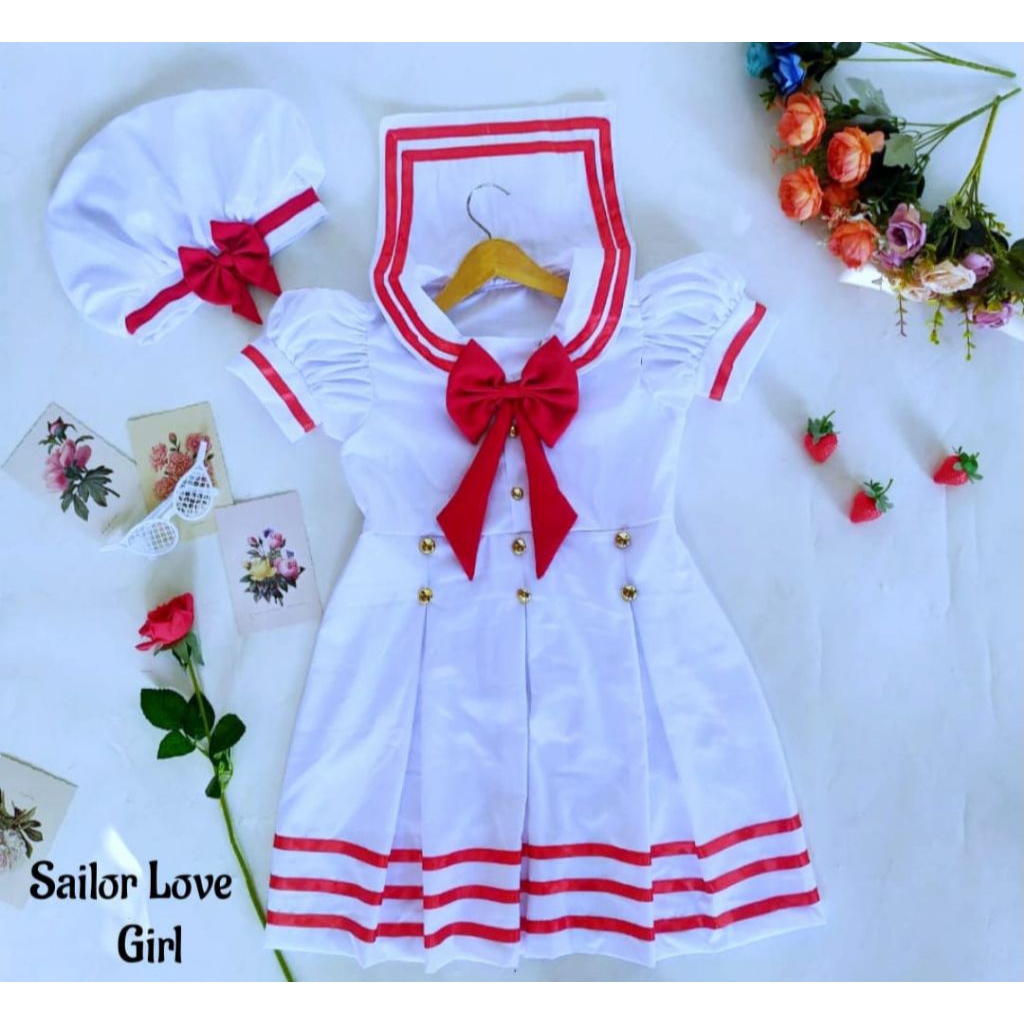 KOSTUM SAILOR CEWEK TEMA PUTIH KOMBINASI MERAH/KOSTUM ANAK PEREMPUAN/KOSTUM PELAUT ANAK/KOSTUM PHOTO