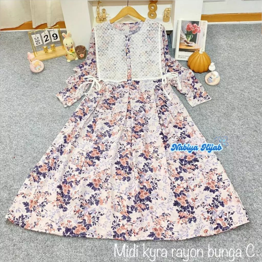 Gamis Midi Dress Kyra Wanita Remaja Terbaru Kekinian Bahan Katun Rayon Motif Premium LD 110 Panjang 