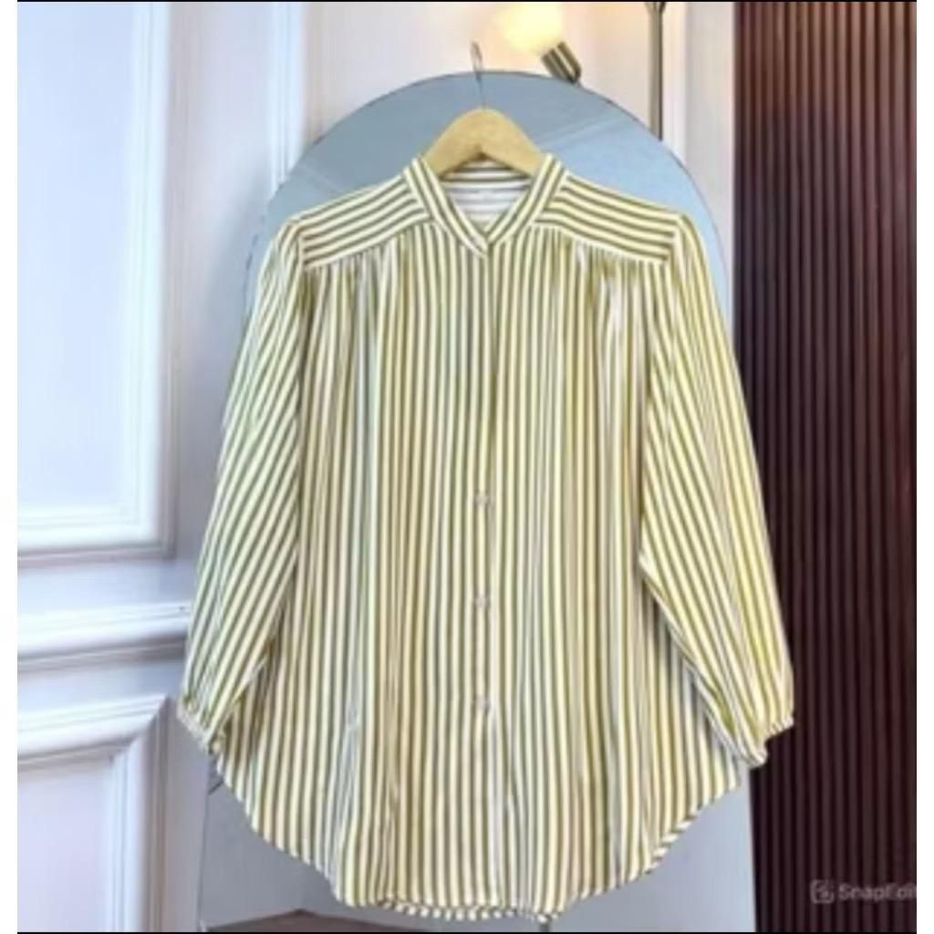 AZURA Blouse Kemeja Wanita Motif Garis Bahan Rayon Twill Lengan Karet