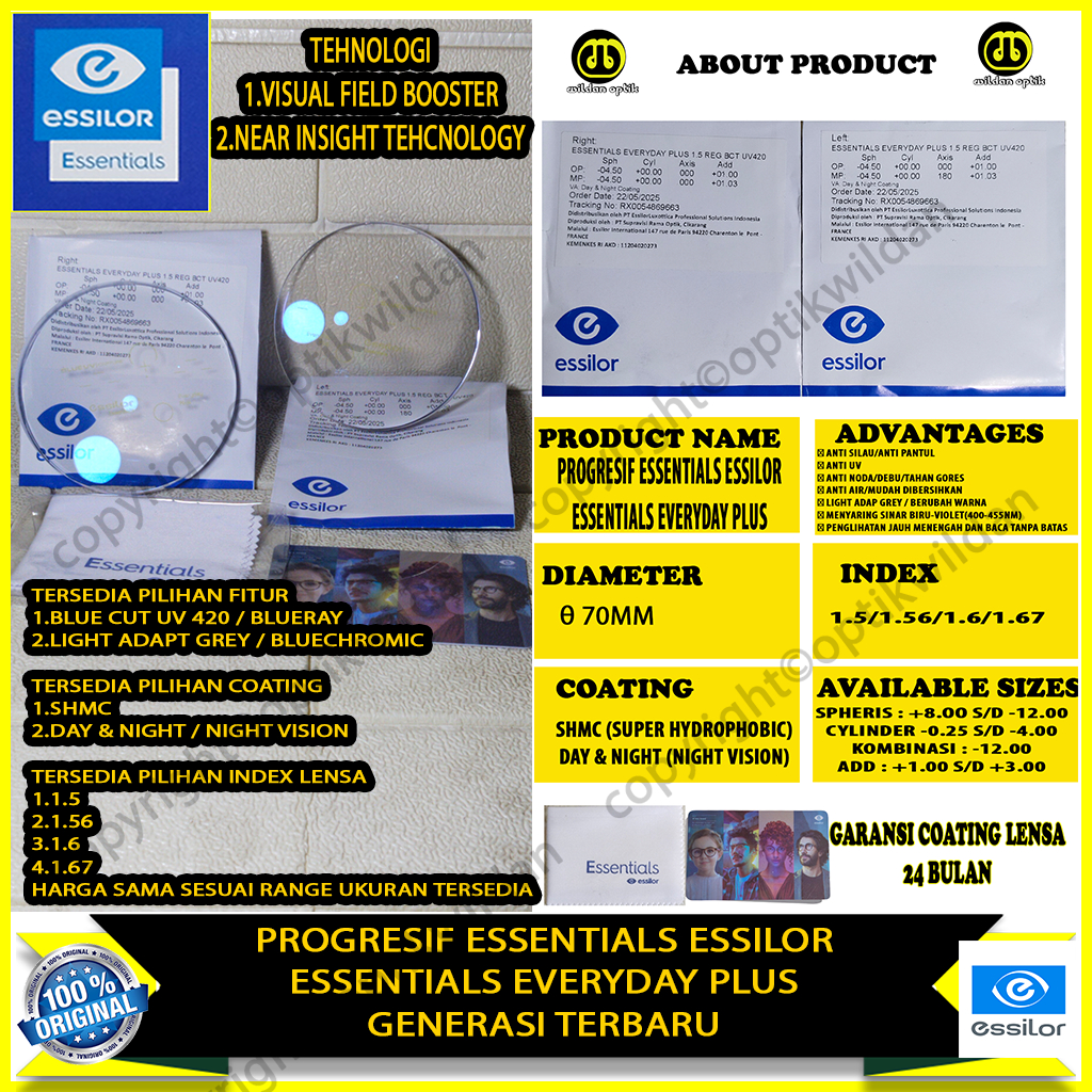 ESSILOR PROGRESIF ESSENTIALS EVERYDAY PLUS SHMC & NIGHT VISION COATING
