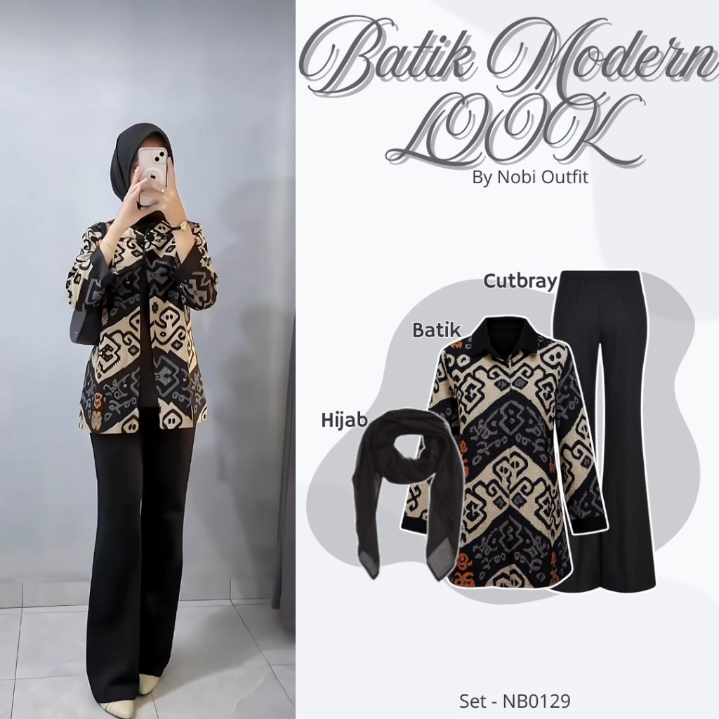 3 In 1 One Set Ootd Atasan Batik Wanita Kekinian Setelan Nobi Outfit (Hijab+Batik+Cutbray) Outfit Ke